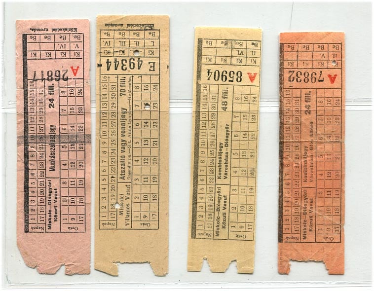 4 db jegy: Miskolc–Diósgyőri Közuti Vasút (3 db) és Miskolci Villamos Vasút (1 db)