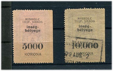 1923. Miskolc város 2 db ínségbélyege (5000 és 10.000 korona)