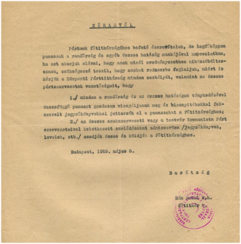 1945. A Szocdem Párt körlevele a hatósági közegek, illetve a 