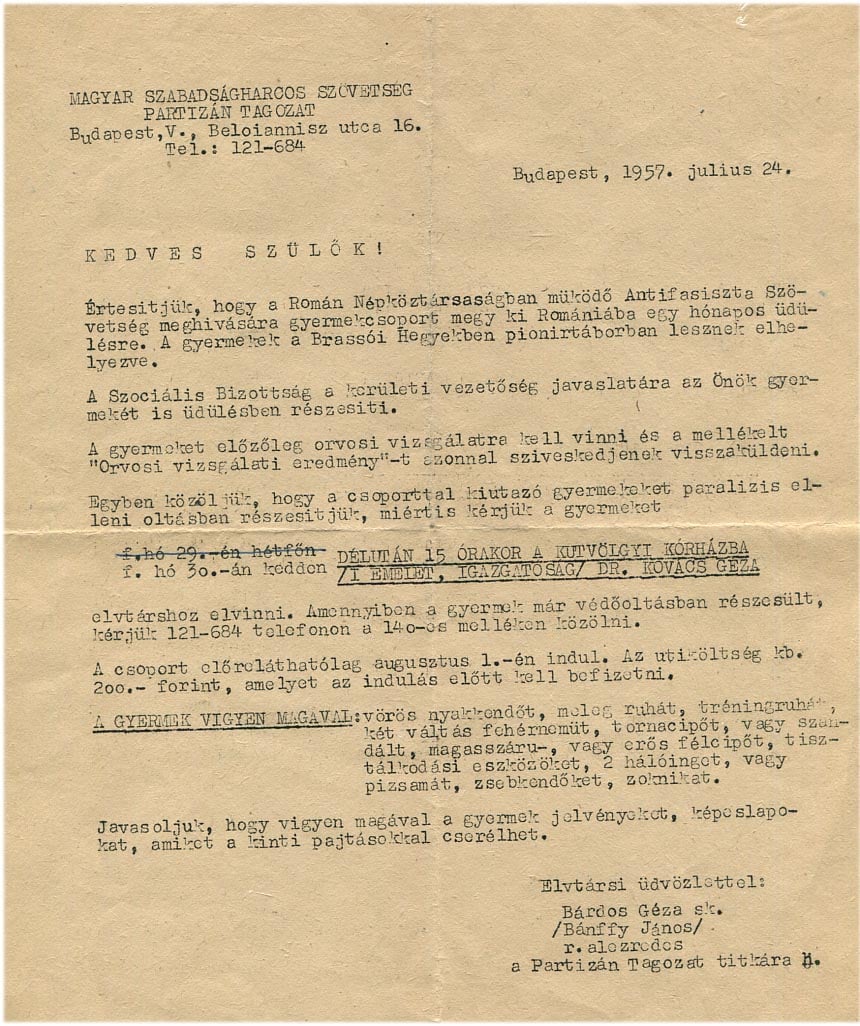 1957. A Magyar Szabadságharcos Szövetség Partizán Tagozat felhívása a szülőkhöz, a Román Antifasiszta Szöv. által szervezett egy hónapos üdüléssel kapcsolatban