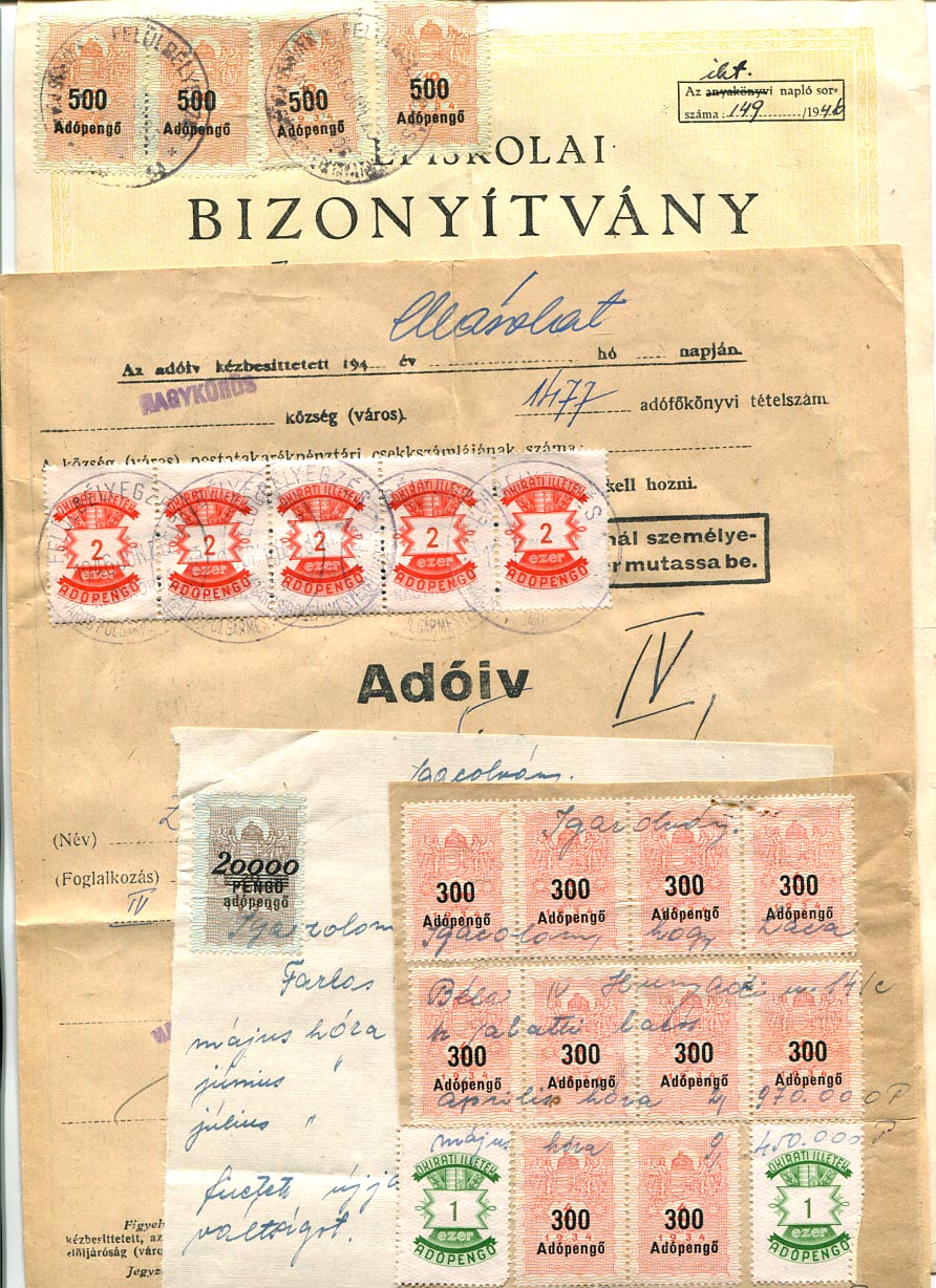 1946. 8 db vegyes irat adópengős illetékbélyegekkel