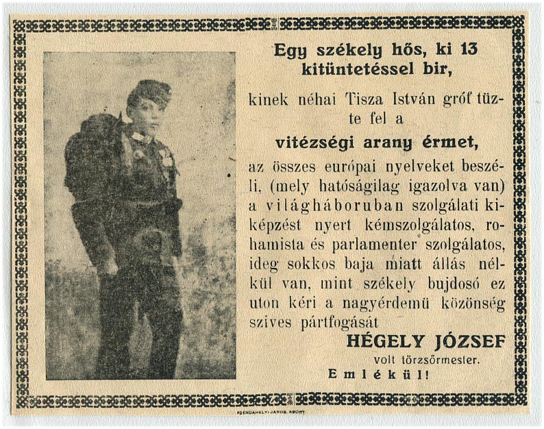 Egy I. vh-s székely hős, kémszolgálatos, rohamista, parlamenter pártfogást kérő szórólapja