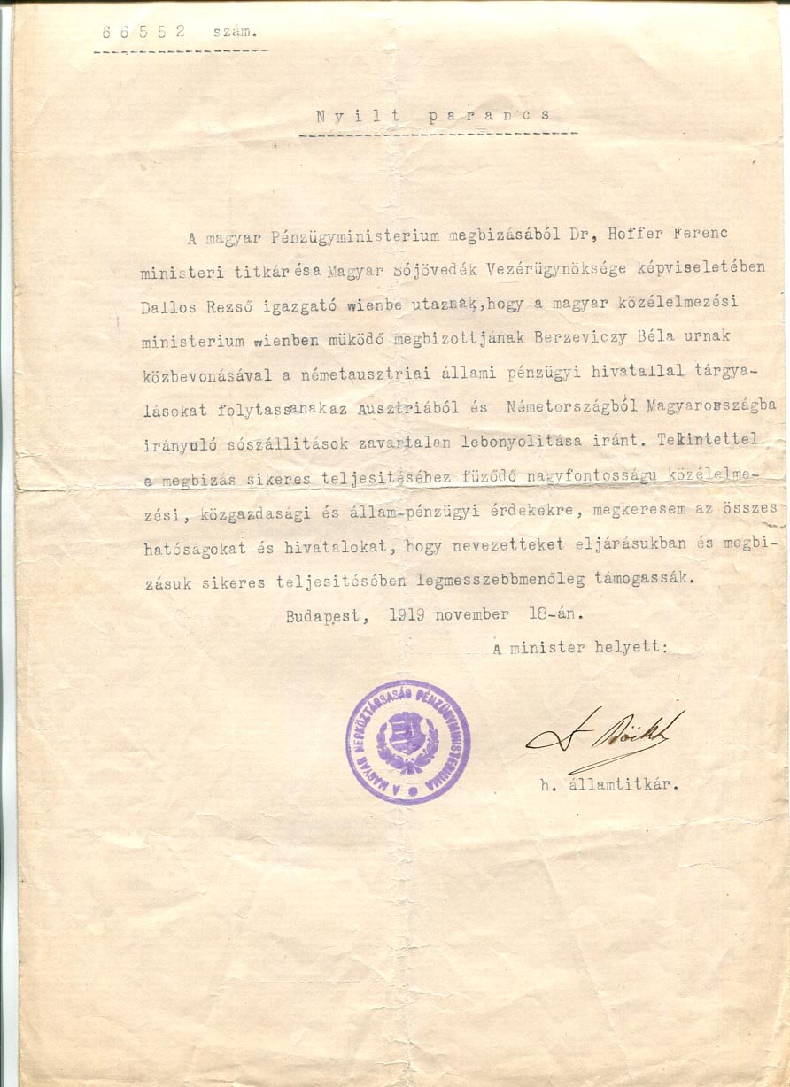 1919. Megbízólevél és nyílt parancs Magyarországra szállítandó konyha- és ipari só tárgyában