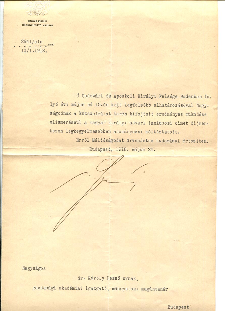 1918. Udvari tanácsosi cím adományozó okirat