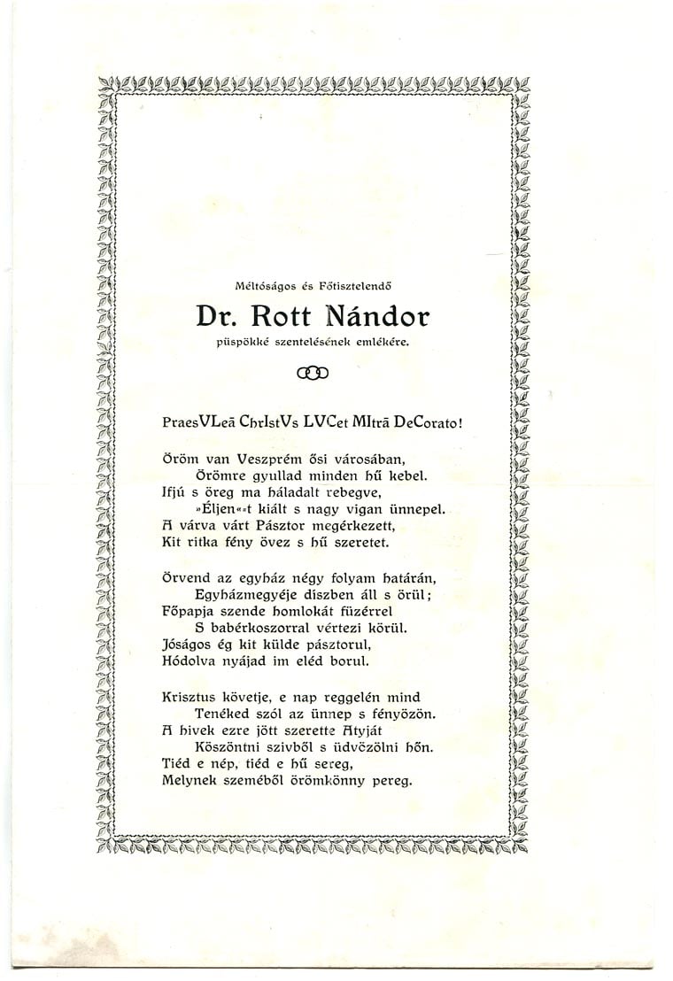 1917. Rott Nándor veszprémi püspök beiktatása alkalmából írt vers