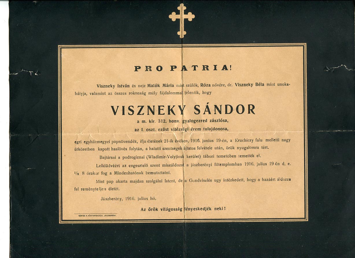 1916. Hősi halált halt papnövendék és zászlós gyászjelentése