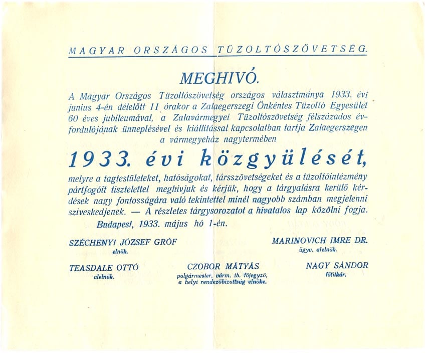 1933. Meghívó a Magyar Országos Tűzoltószövetség Zalaegerszegen tartandó 1933. évi közgyűlésére