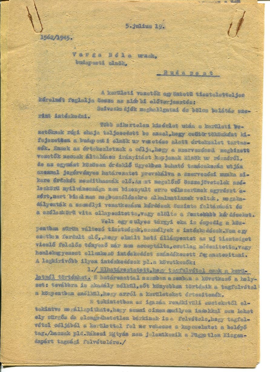 1945. Gépelt levél, mely 13 pontban foglalja össze a Kisgazdapárt működési, szervezési nehézségeit.