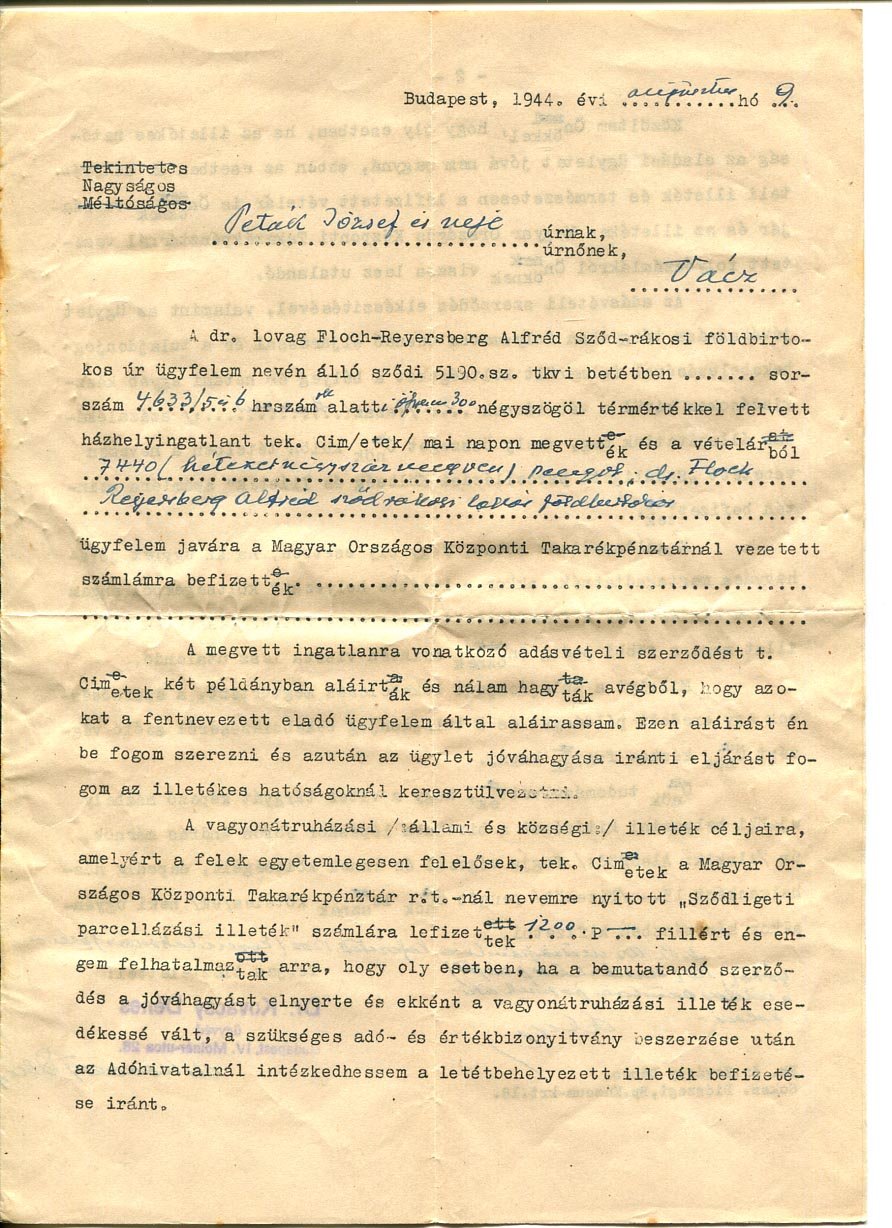 1944. Ügyvédi levél egy sződi telek eladásával kapcsolatan