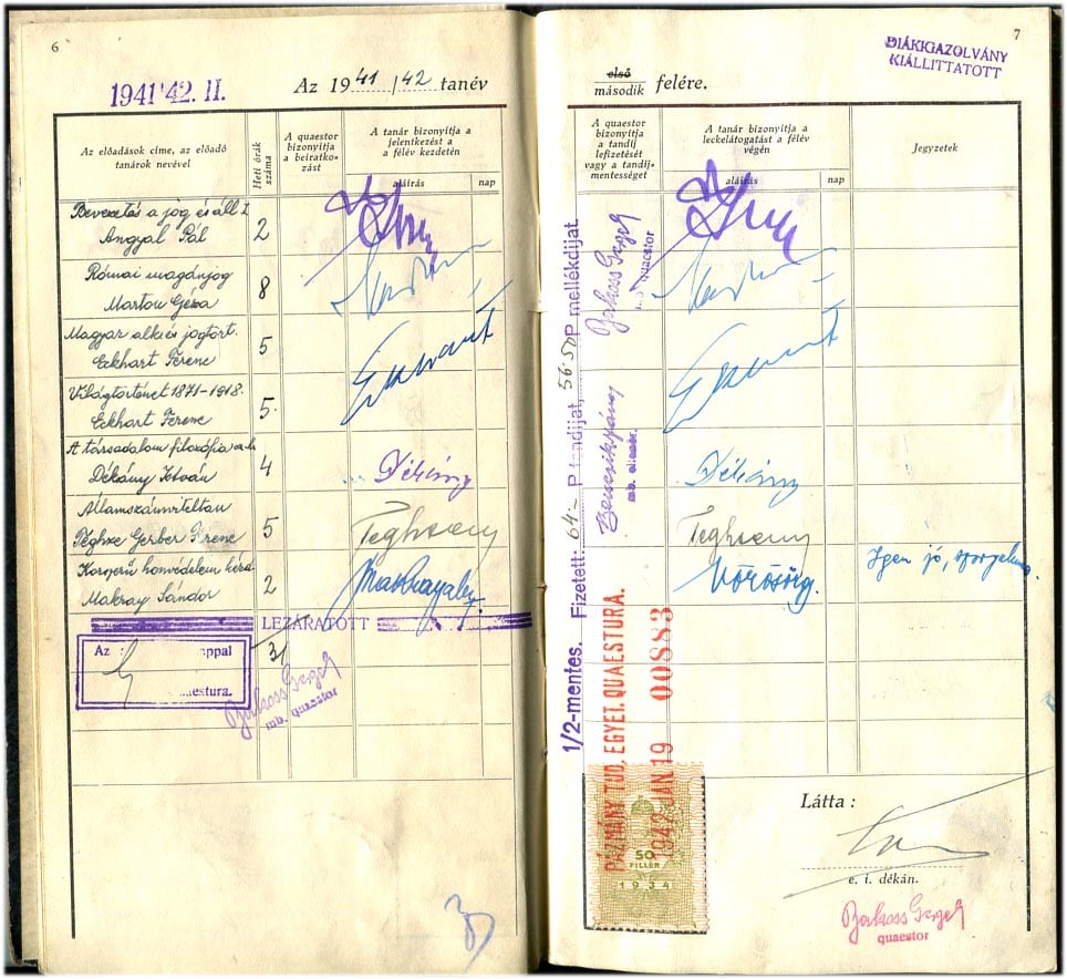 1945. Pázmány P. tud.-egyetem jogi kar leckekönyv Eckhart, Moór, Magyary stb. aláírásokkal