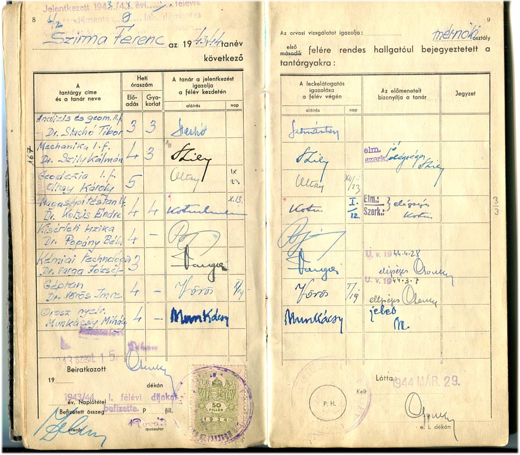 1942. Műegyetemi mérnöki kari leckekönyv, az utolsó bejegyzés 1960-ból, a diplomaterv védésének időpontja. Aláírások: Szily, Vörös, Varga, Oltay, Jáky stb. A hátsó borító hiányzik.