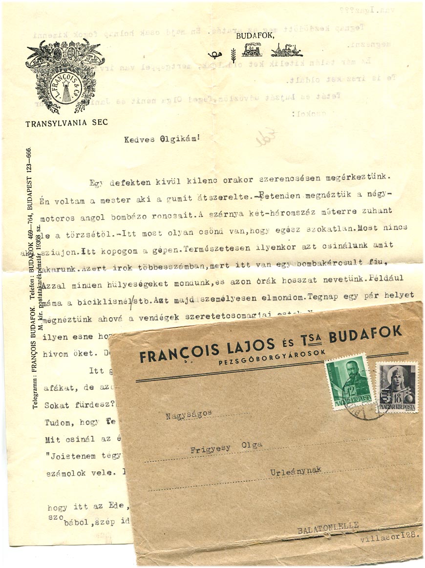 1944. Budafoki Francois pezsgőgyár fejléces levele érdekes tartalommal (bombázás)