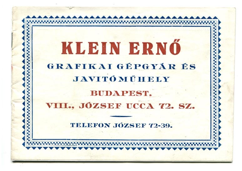 Klein Ernő grafikai gépgyár képes katalógusa kő- és könyvnyomdai, könyvkötészeti gépekről, 8 p