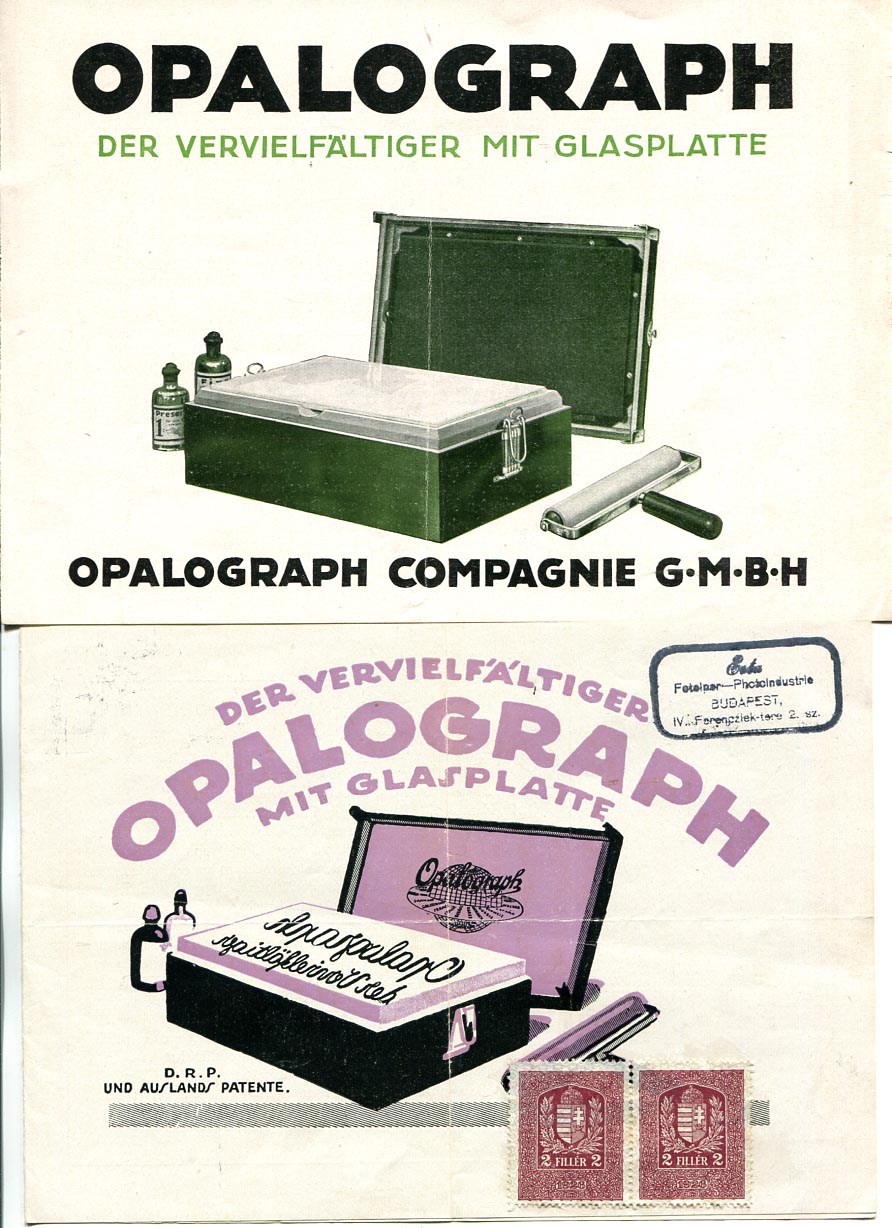 Opalograph üveglemezes sokszorosító 5 db reklámlapja