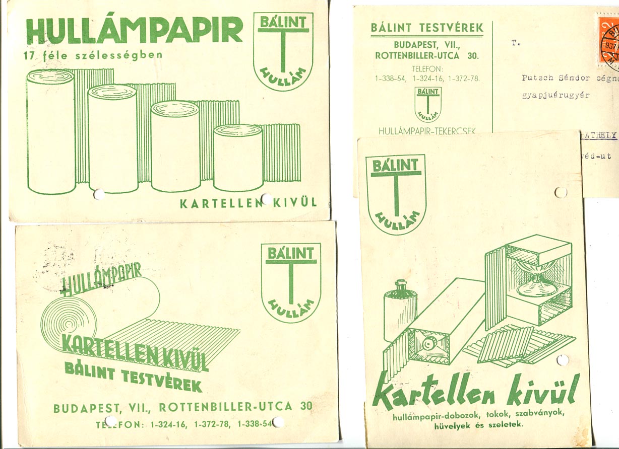 1937. A Bálint hullámpapírgyár négyféle reklámos üzleti levelezőlapja. Az egyik aljából levágtak!