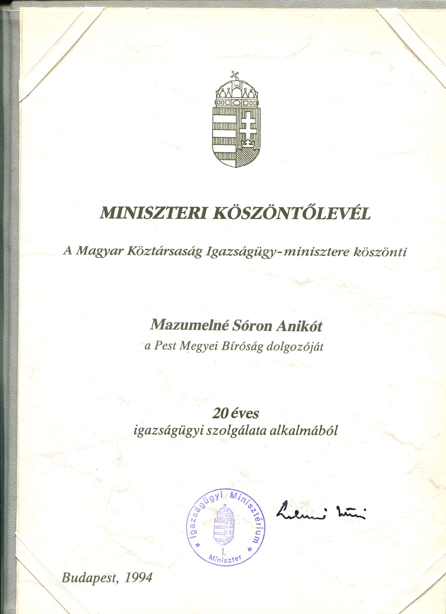 1994. Igazságügyminiszteri köszöntőlevél bírósági dolgozónak, mappában