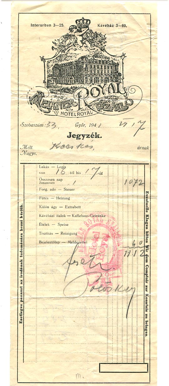 1941. A győri Royal szálló szobaszámlája