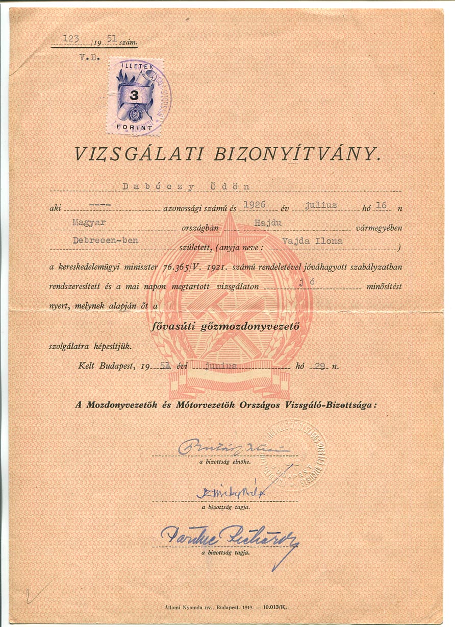 1951. Fővasuti gőzmozdonyvezetői bizonyítvány