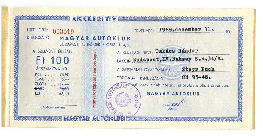 1969. Magyar Autóklub hitellevél