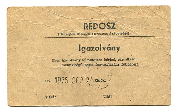 1975. RÉDOSZ (Részeges Disznók Országos Szövetsége) igazolvány