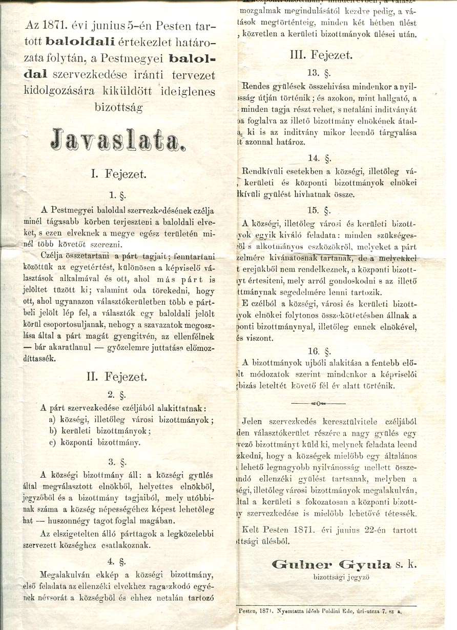 1871. Pest megyei baloldali pártszervezés javaslata (ekkor Tisza Kálmán pártja)