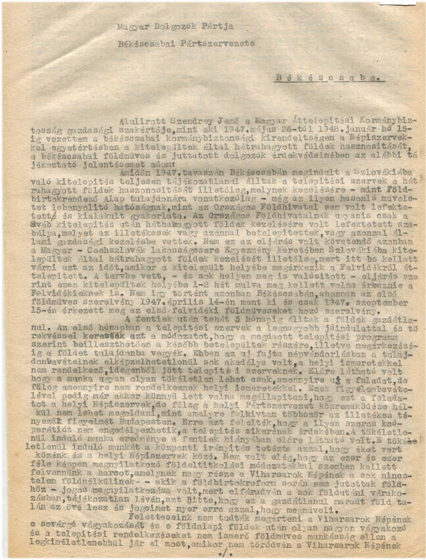 1949. Békéscsabai lakosságcsere (szlovák–magyar) eseményeit taglaló 3 oldalas gépelt MDP jelentés