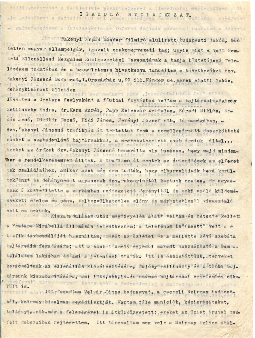 1952. Gépelt igazoló nyilatkozat 1944-es ellenállóról (volt Gestapo fogoly, tervezték Bajcsy-Zs. Endre kiszabadítását), az őt és társait segítő személy részére