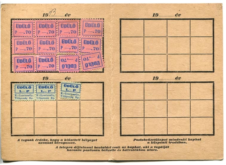 1943. Kereskedelmi Alkalmazottak Üdülő és Szanatórium Egyesülete tagsági ig. bélyegekkel