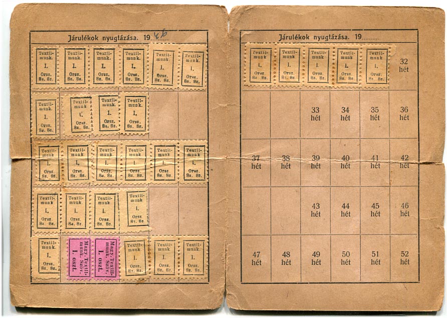 1946. Textilmunkások Orsz. Szabad Szakszervezete tagsági könyve bélyegekkel