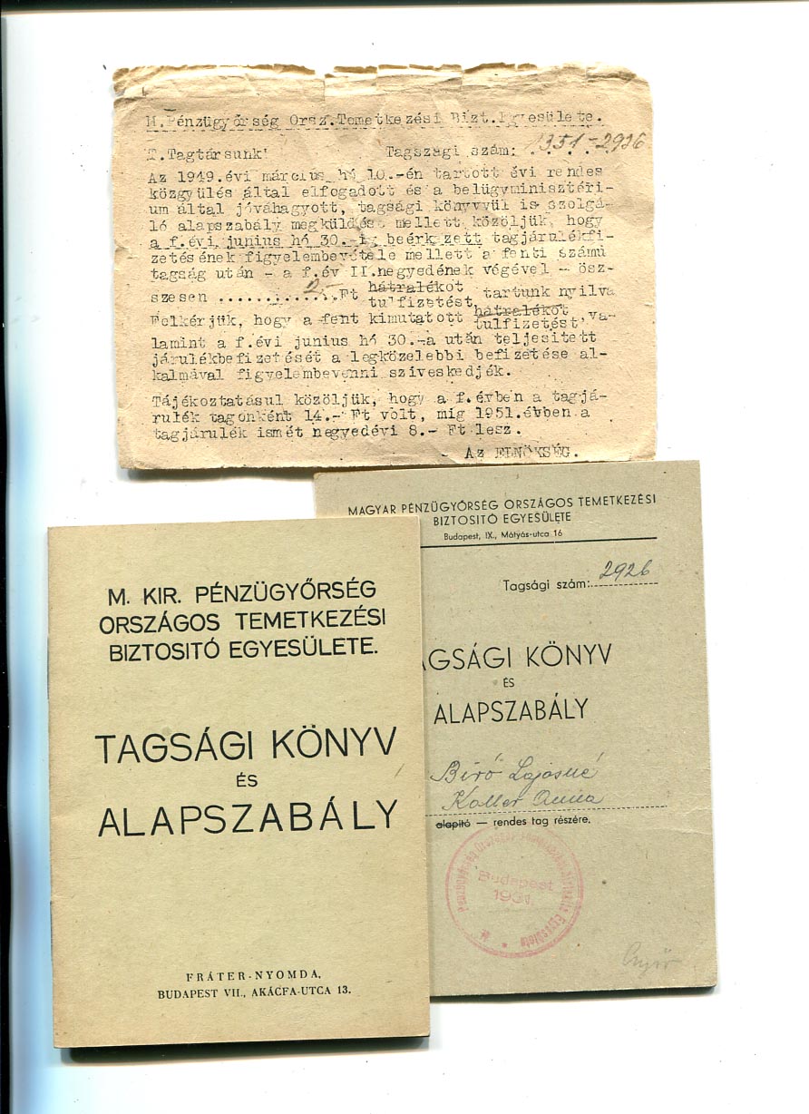 1942. Pénzügyőr Temetkezési Bizt. Egyesület 2 db tagsági könyve (egy személy részére)