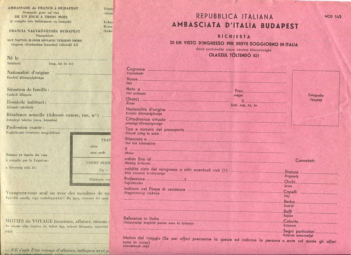 1960-as évek. Olasz és francia vízumok kitöltetlen igénylőlapja + útlevélkérő lap