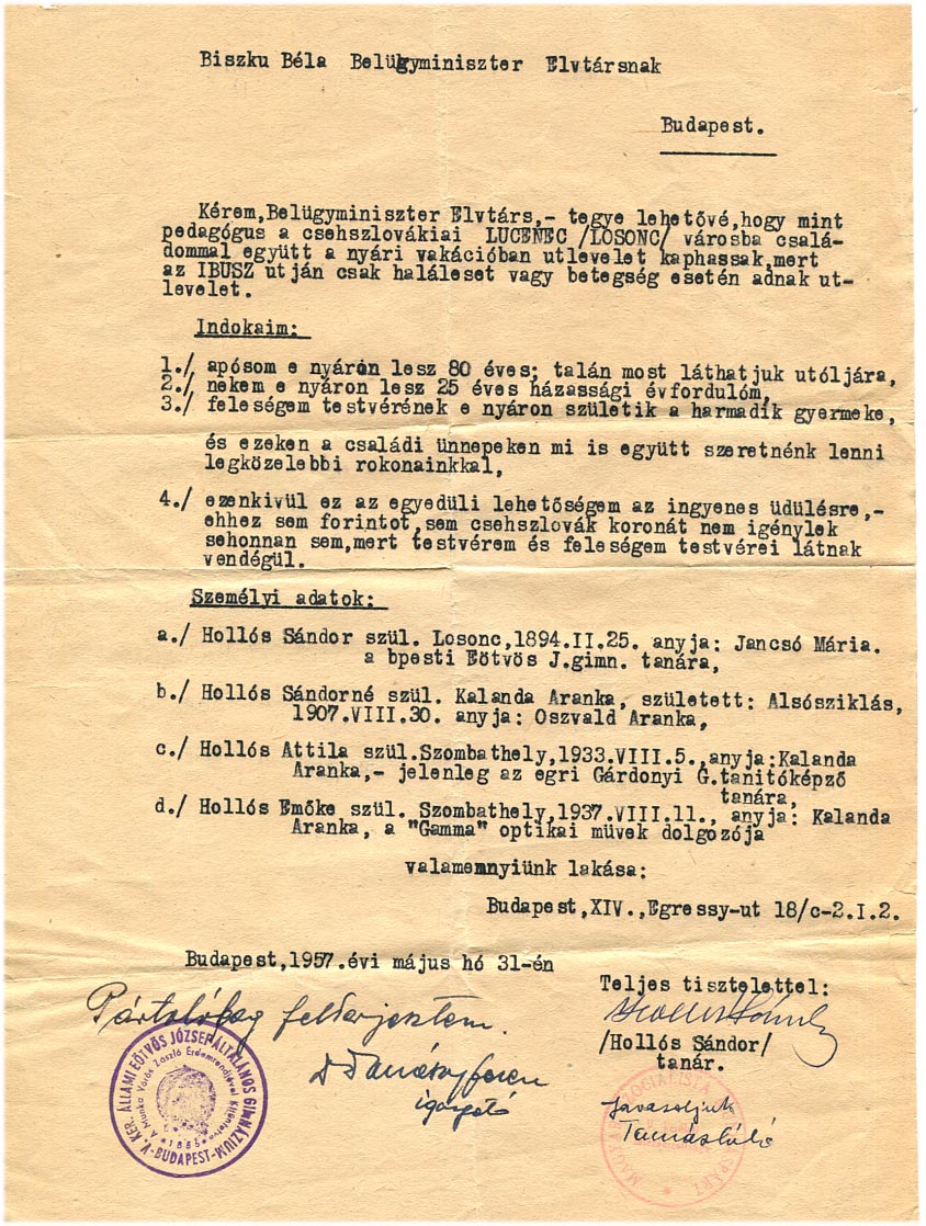 1957. Útlevél kiadásával kapcsolatos levelek, kérelmek (Csehszlovákiába)