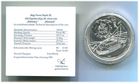 1995. Régi dunai hajók, Hableány, 1000 Ft, ezüst, certificate-tal EM139