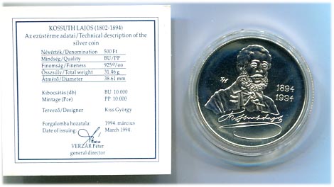 1994. Kossuth Lajos, 500 Ft, ezüst, certificate-tal EM133