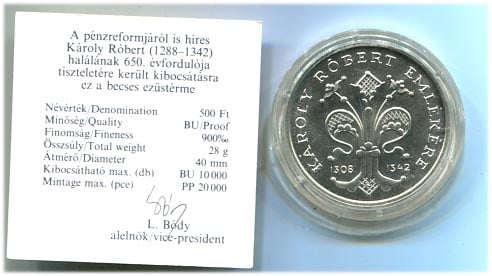 1992. Károly Róbert, 500 Ft, ezüst, certificate-tal EM123