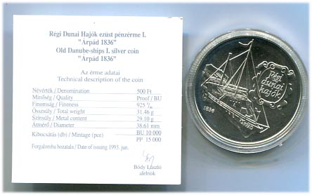 1993. Régi dunai hajók 500 Ft, Árpád, certificate-tal, ezüst EM129