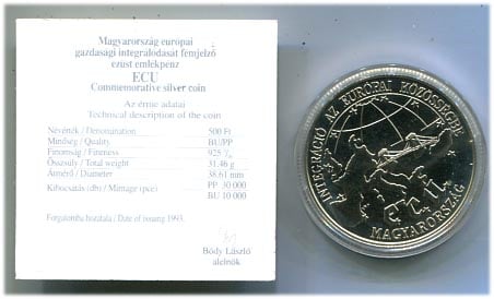 1993. Integráció az EU-ba I., 500 Ft, ezüst, certificate-tal EM130