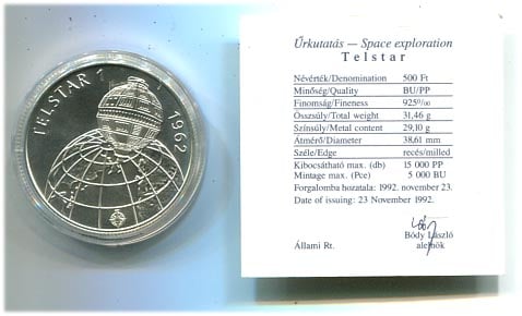 1992. Telstar 1., 500 Ft, ezüst, certificate-tal EM127