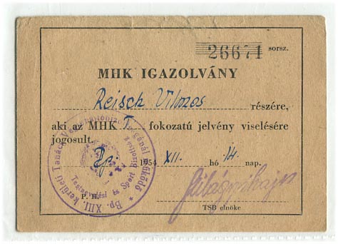 1954. MHK igazolvány az I. fokozatú jelvény viselésére