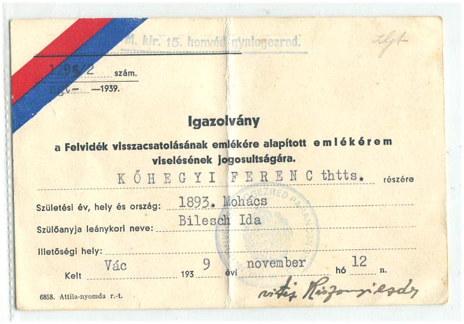 1939. Igazolvány a Felvidék visszacsatolásáért emlékérem viseléséhez