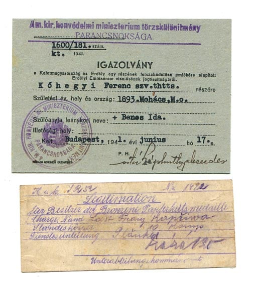 1941. Igazolvány a Keletmagyarország és Erdély Felszabadulása emlékérem viseléséhez + a Bronz Érdeméremhez