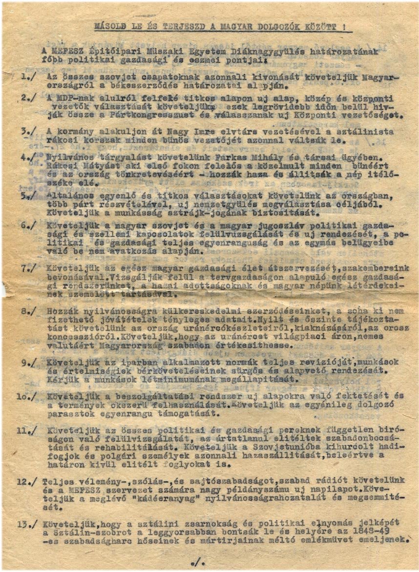 1956.okt.22. Az Építőipari Műszaki Egyetem Diáknagygyűlésén megfogalmazott 16 pontos követelés