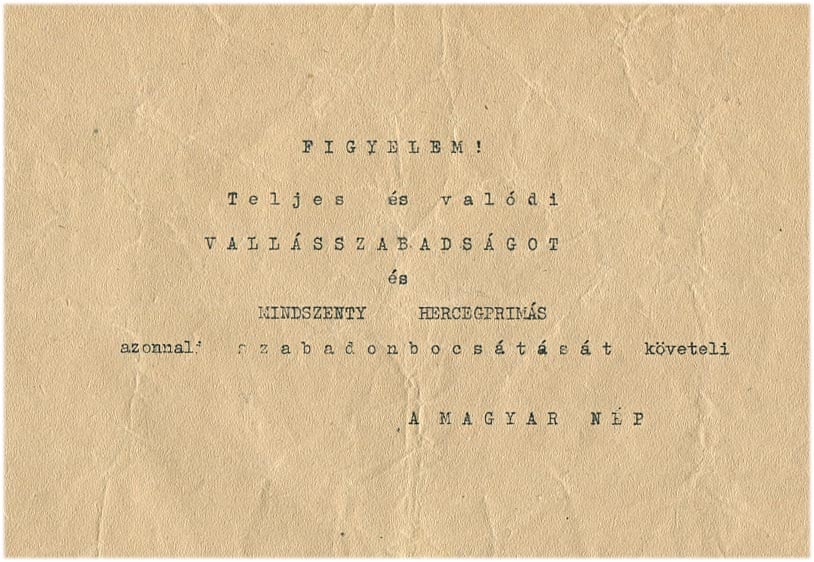 1956. Mindszenty szabadonbocsátását követelő szórólap