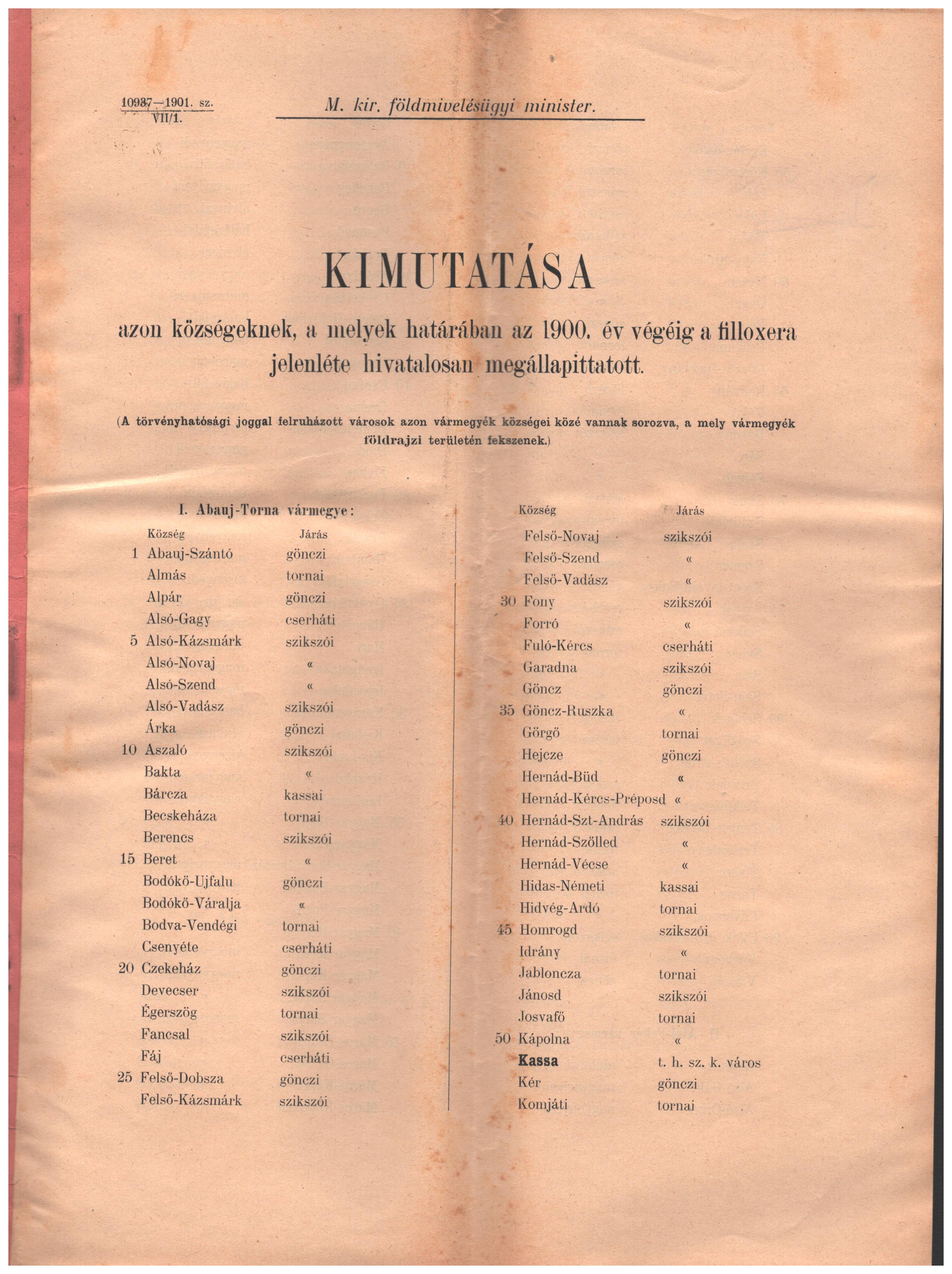 1901. Kimutatása azon községeknek, a melyek határában az 1900. év végéig filoxera jelenléte hivatalosan megállapittatott. 38 p