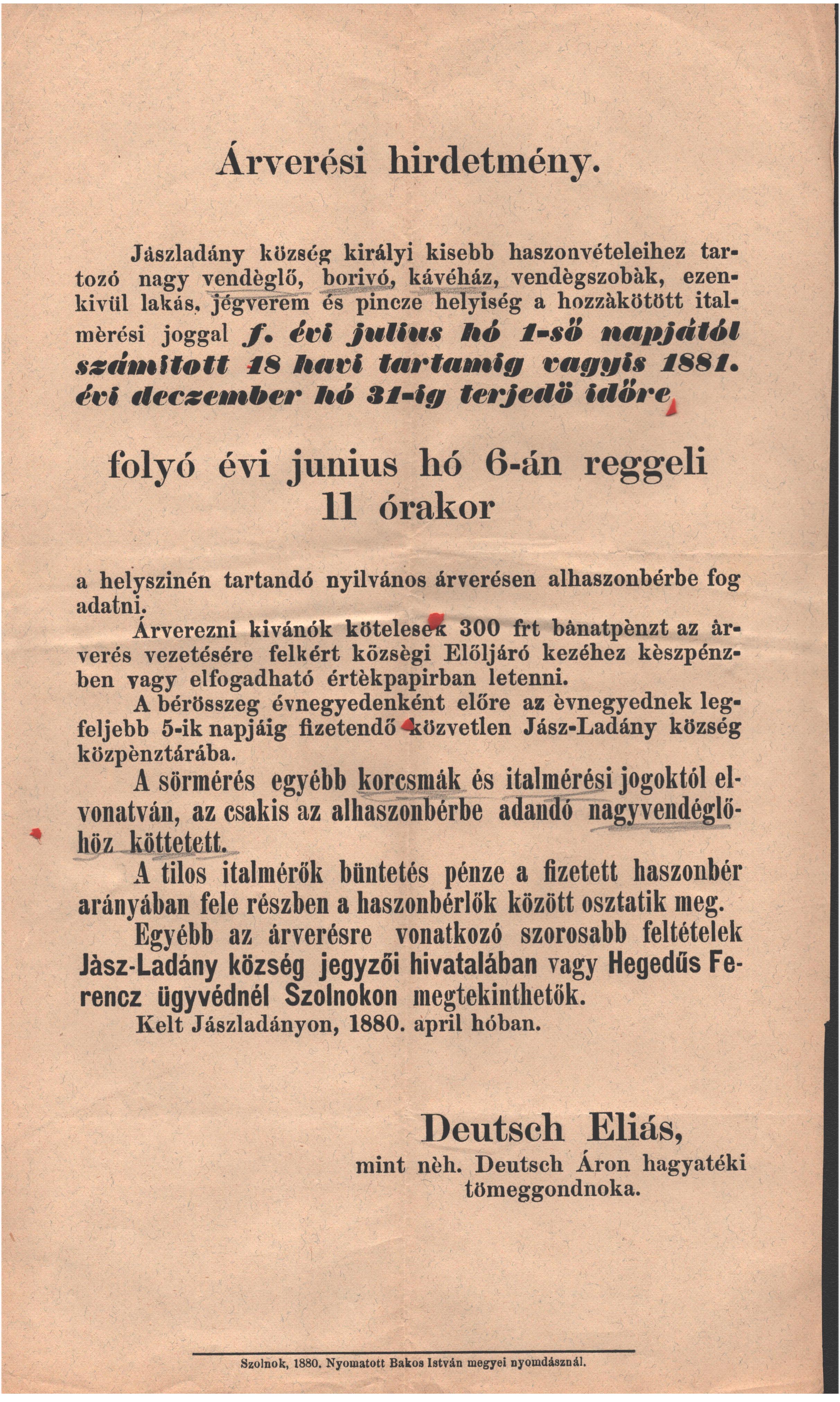 1880. Jászladány. Árverési hirdetmény a községhez tartozó vendéglő, borivó és kávéház haszonbérbe adásával kapcsolatban