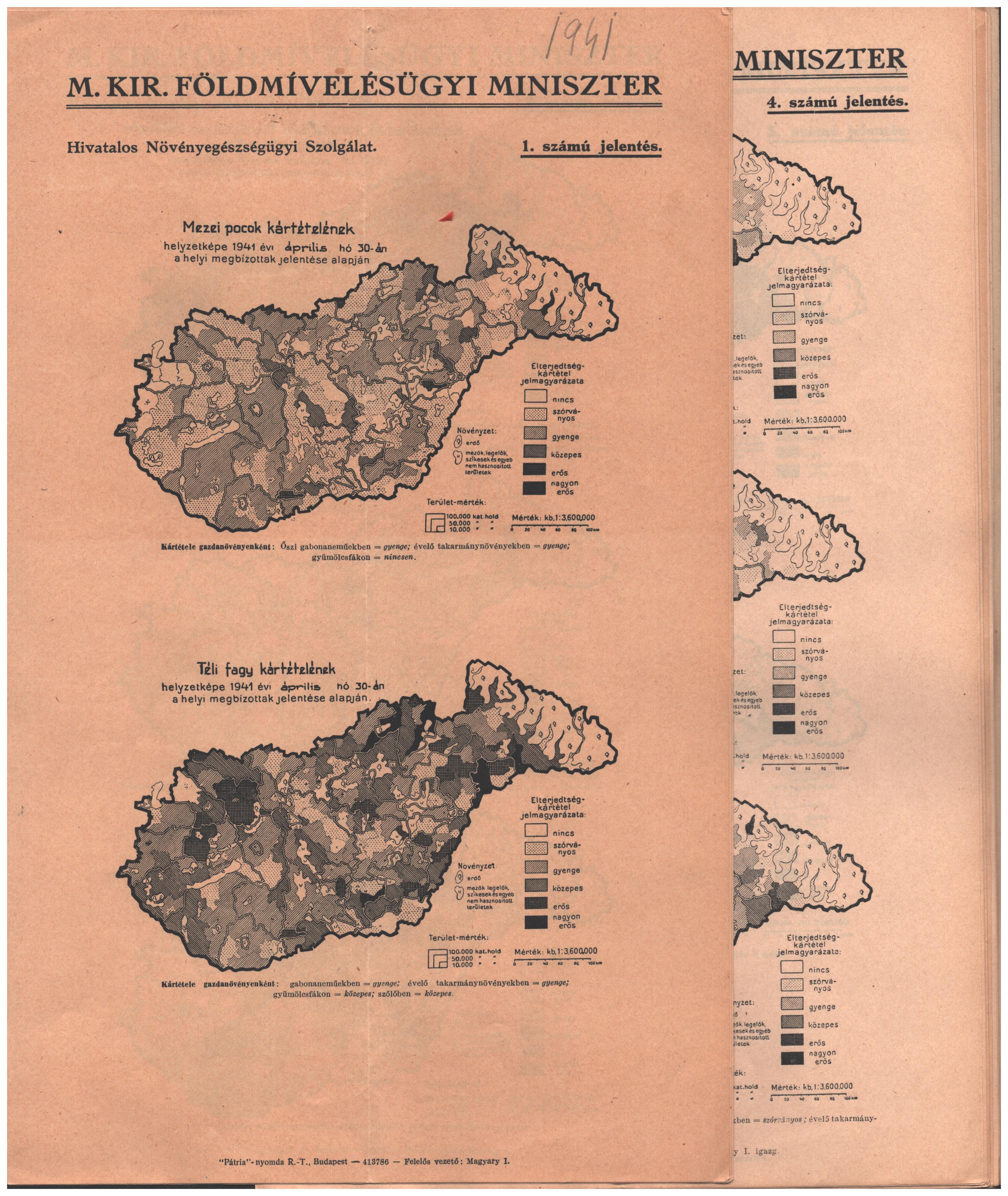 1941. A Hivatalos Növényegészségügyi Szolgálat térképes jelentései a különböző kártételekről: fagy, pocok, cserebogár, levéltetű stb. 16 számozott lap, de a 9. lap hiányzik, így csak 15.