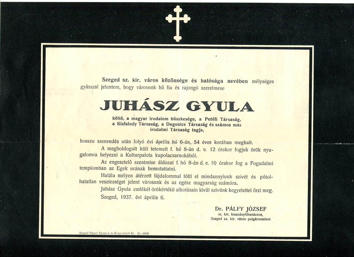 1937. Szeged. Juhász Gyula költő gyászjelentése