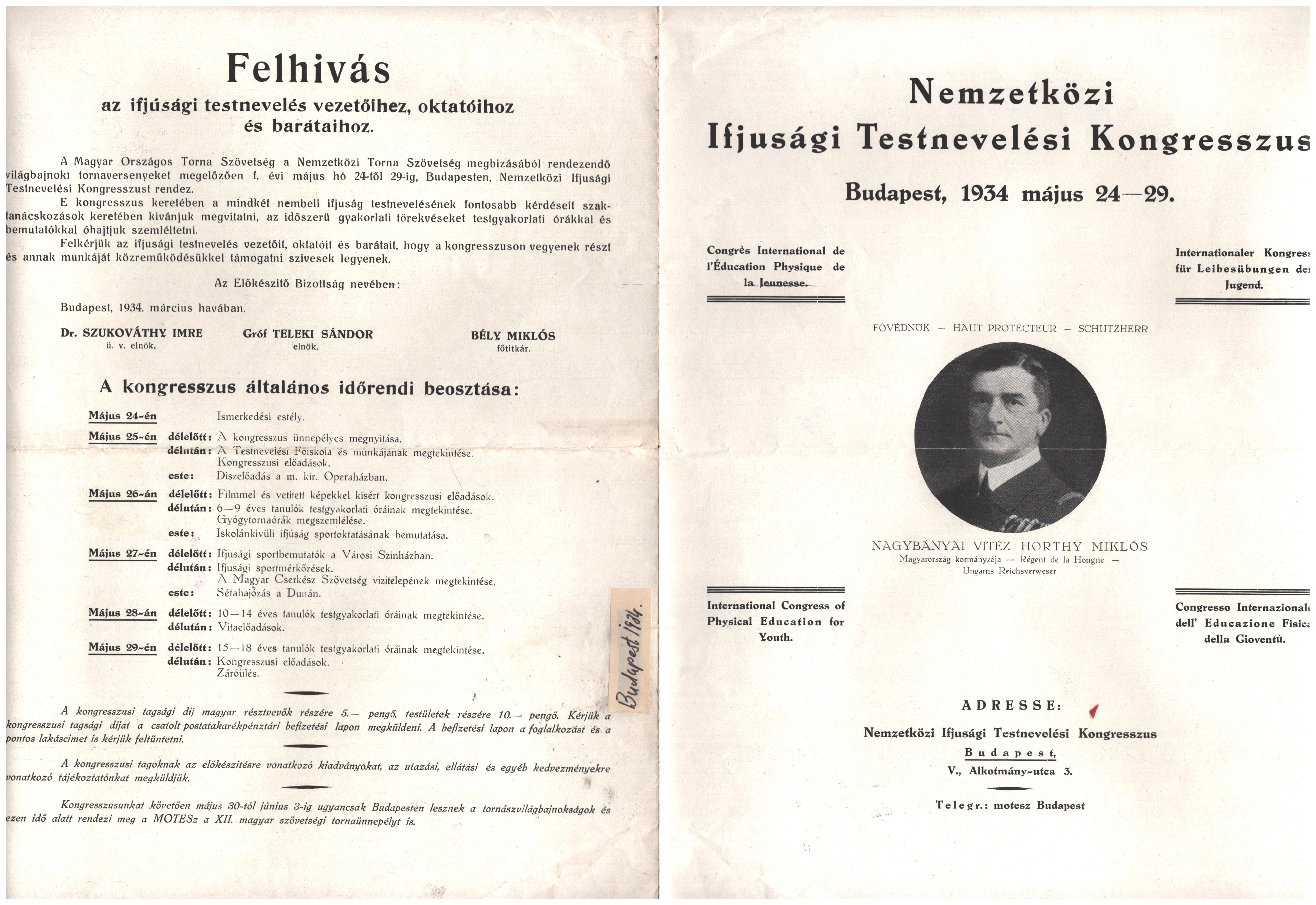 1934. A Nemzetközi Ifjúsági Testnevelési Kongresszus négynyelvű programfüzete