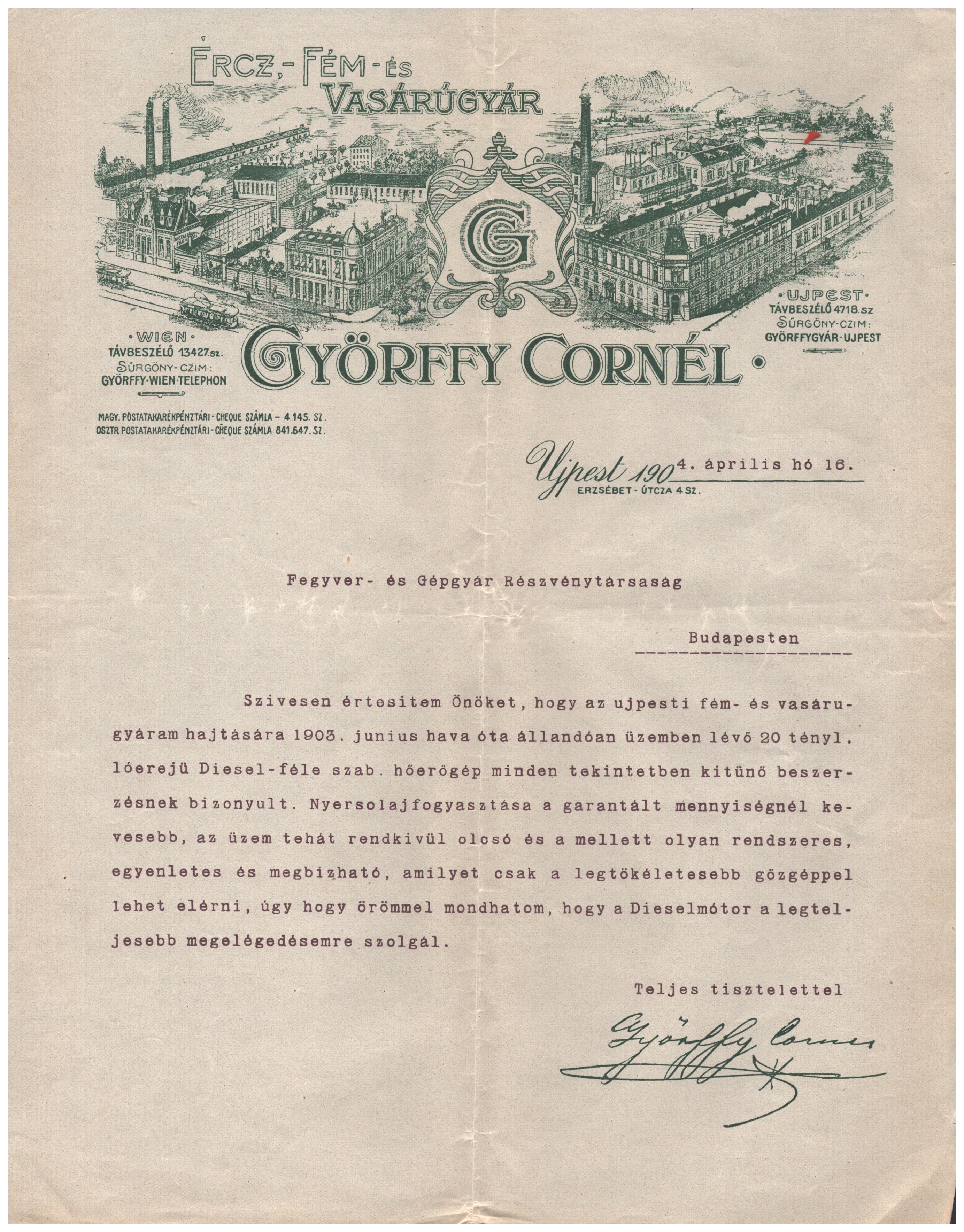 1904. Újpest. Győrffy Cornél Ércz- Vas - és Fémárugyár díszes levélpapírján írt levél