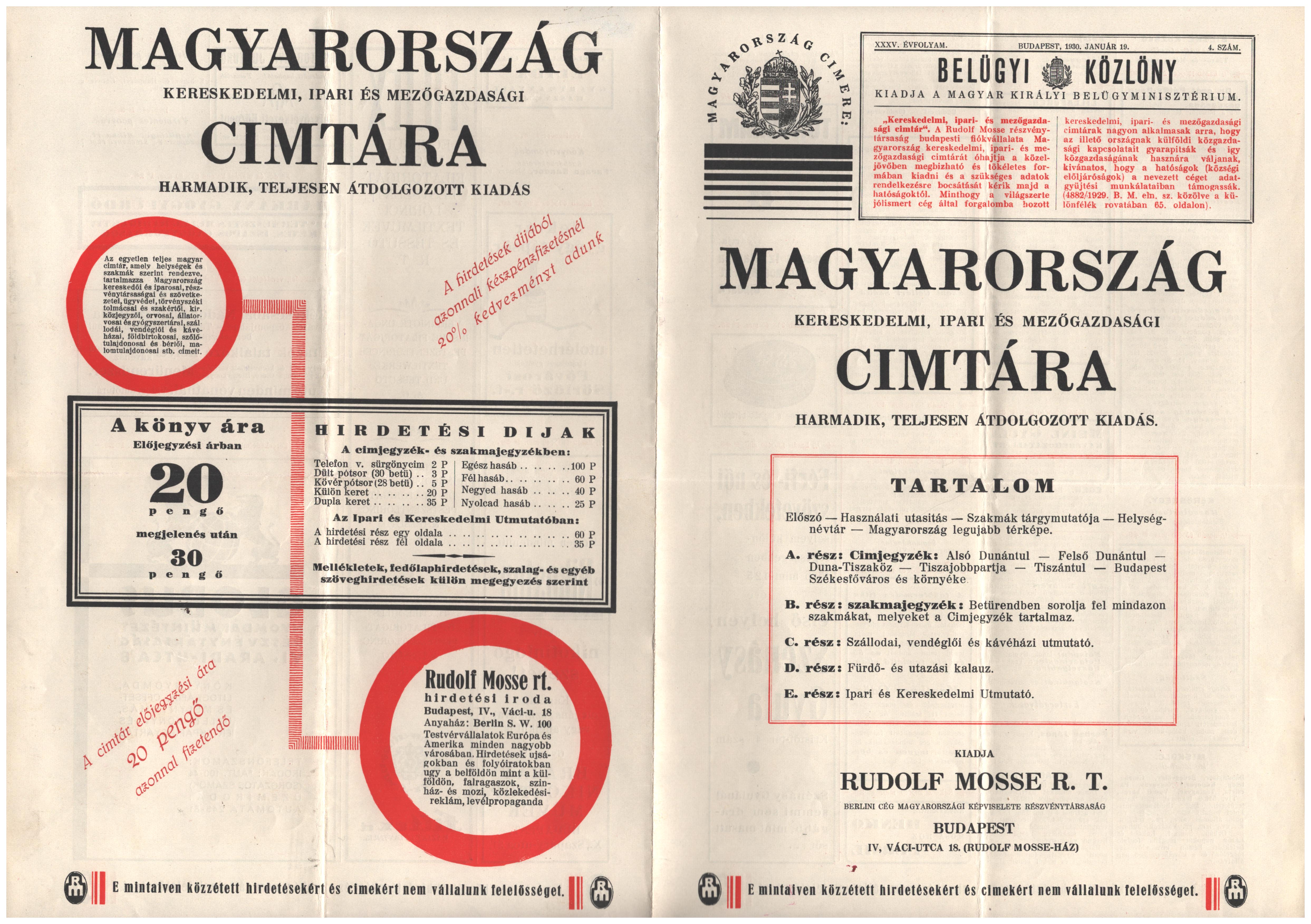 1930. Előjegyzési felhívás (sok reklámmal) a Magyarország kereskedelmi, ipari és mezőgazdasági címtára c. kiadvány 3., teljesen átdolgozott kiadására